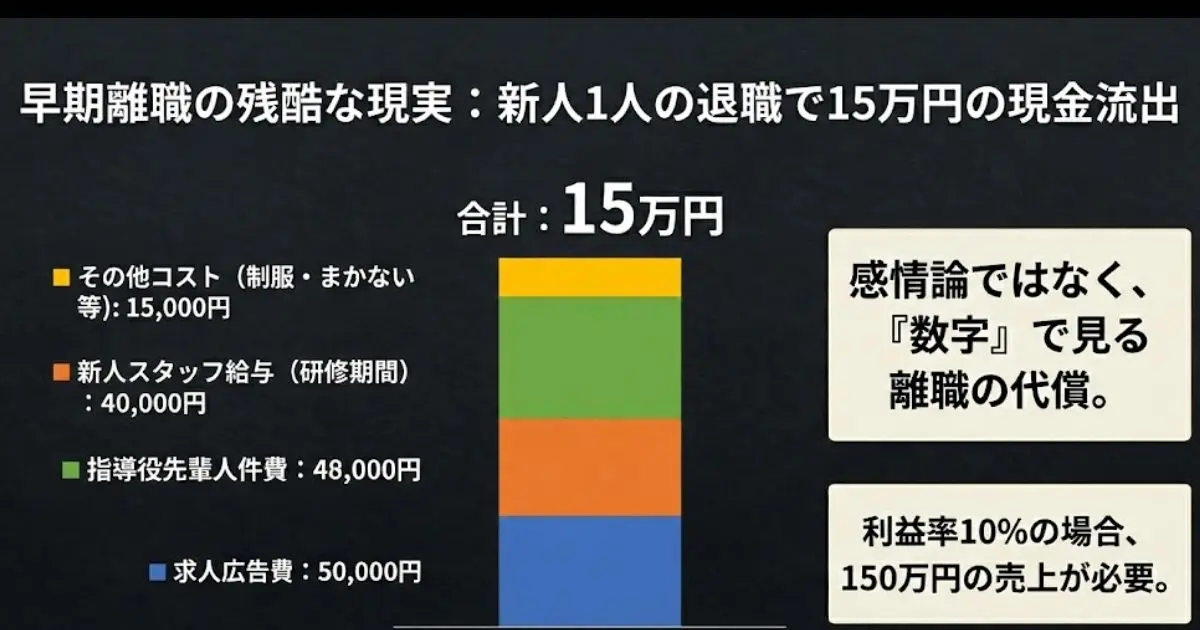 黒背景の中央に、新人スタッフが1ヶ月で退職した際の「15万円の現金流出」の内訳（求人広告費、指導役先輩の人件費、新人スタッフ給与、その他コスト）を示す積み上げ棒グラフが配置された画像。右側には「感情論ではなく『数字』で見る離職の代償」「利益率10%の場合、150万円の売上が必要」という経営者への警告文が記されている。