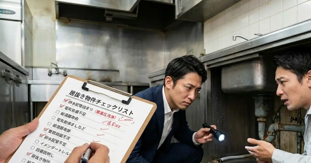 薄暗い居抜き店舗の厨房内で、シンク下の配管を懐中電灯で照らしながら深刻な表情で点検するスーツ姿の経営者と作業員。手前には「排水配管詰まり」「電気容量不足」などが記載されたチェックリストが大きく映り込み、内見だけでは見抜けない設備リスクと追加費用の危険性を暗示している。