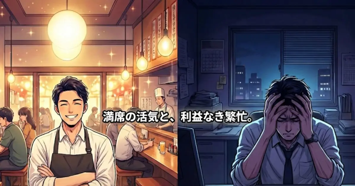 左右で対照的な飲食店経営者の姿。左側は温かい光に包まれた満席の店内で笑顔を見せる姿、右側は暗い事務所で書類の山を前に頭を抱える姿。中央に小さく「満席の活気と、利益なき繁忙。」というテキストが配置された、戦略的な示唆に富むデザイン。