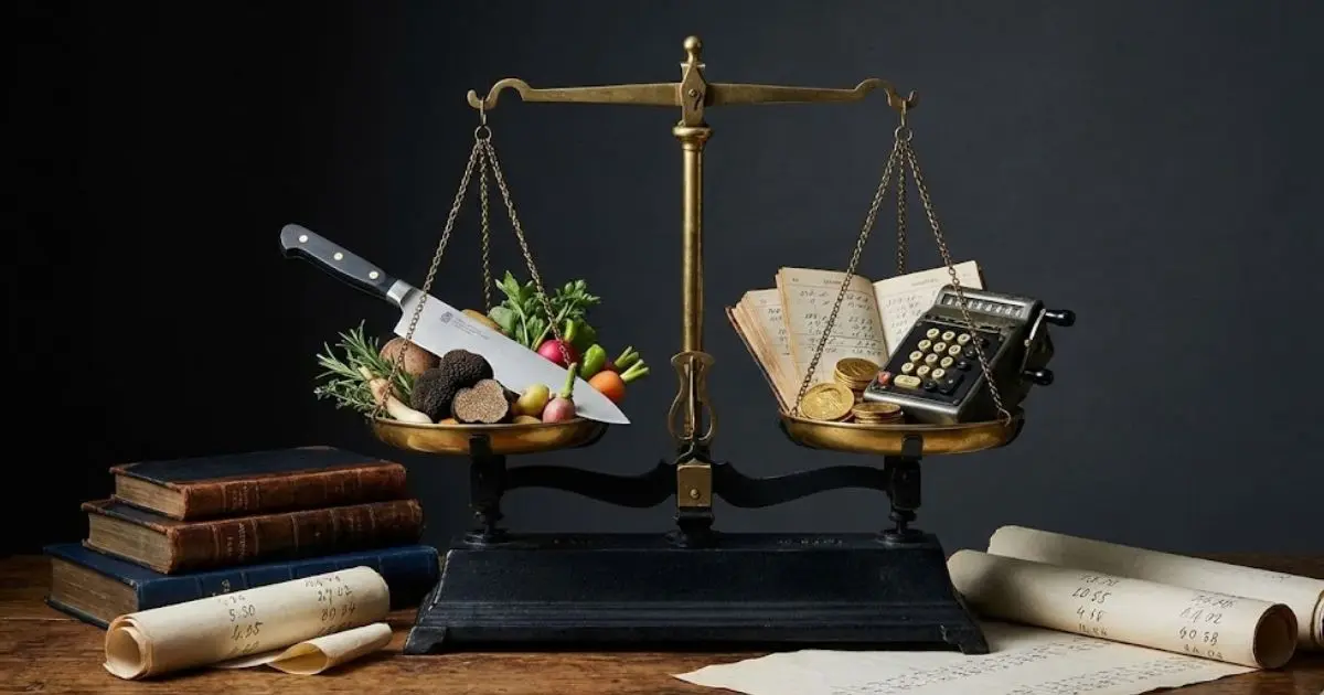 天秤に乗った食材と計算機（飲食店の値決めと経営のイメージ）